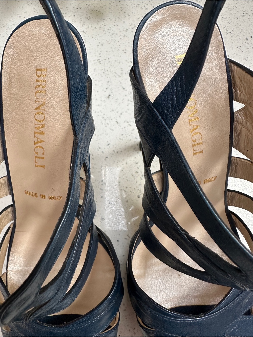 Bruno Magli Navy Leather Multi-Strap Slingback Heels